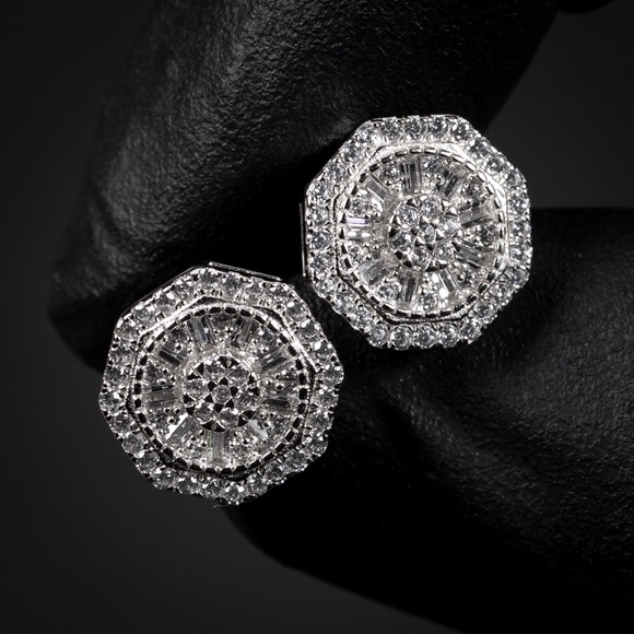 Men's White Gold Plated 925 Sterling Iced Cz Octagonal Shaped Stud Earrings - Picture 1 of 5